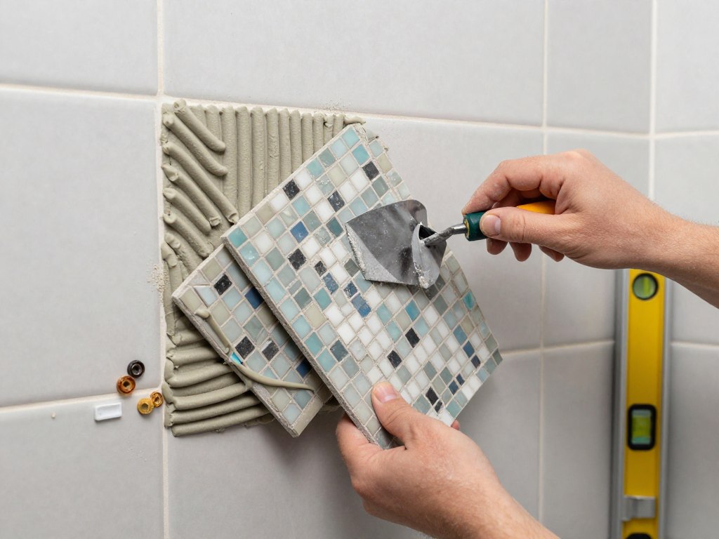 Proces montażu mozaiki na ścianie w łazience