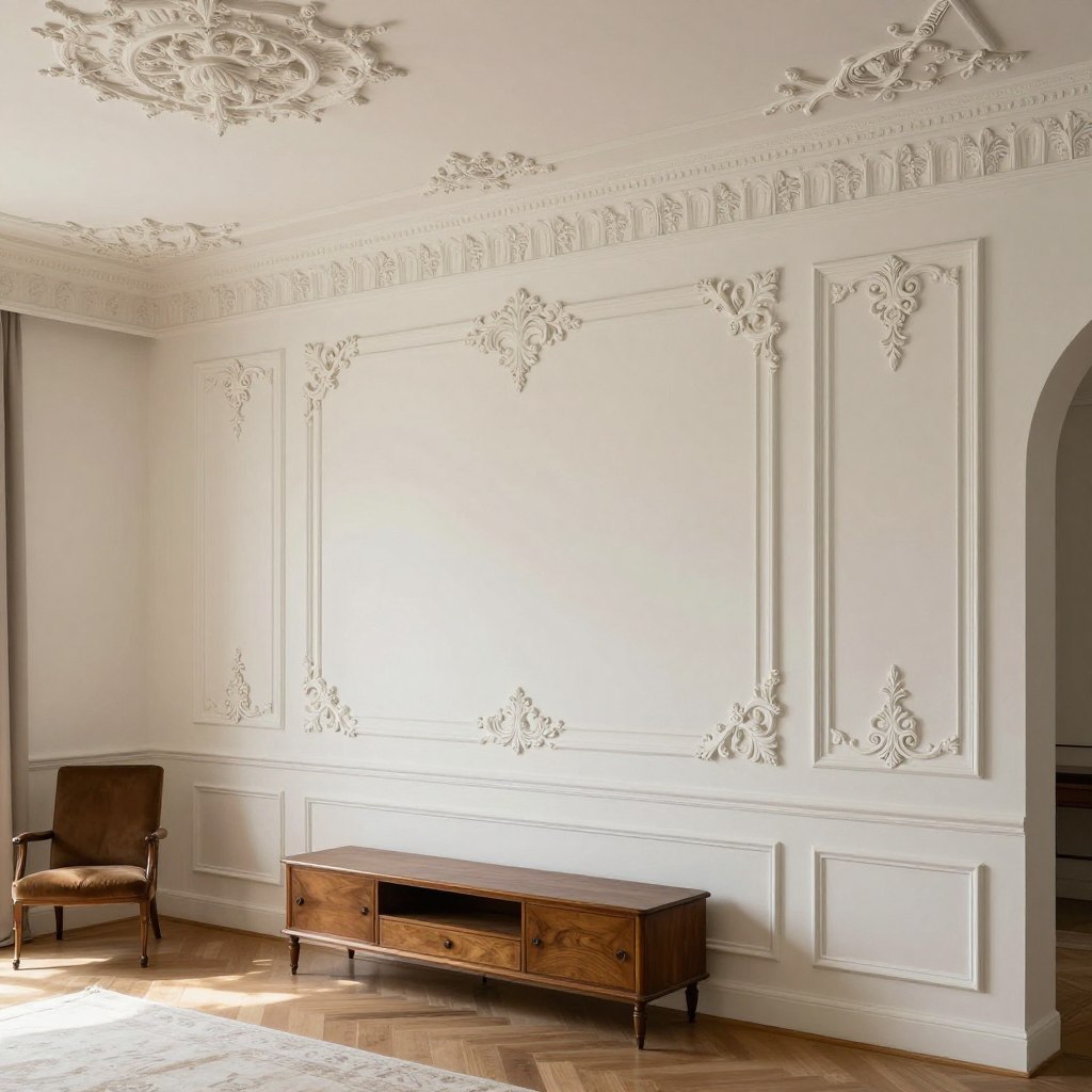 Sztukateria w klasycznym salonie - bogato zdobione rozety i listwy