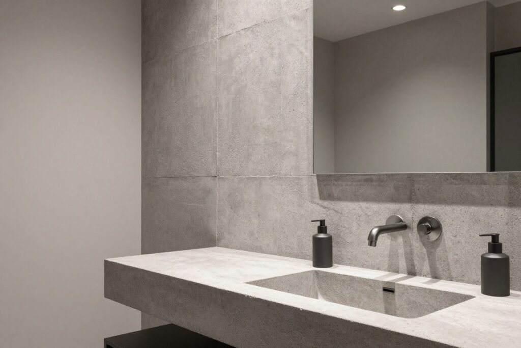Beton architektoniczny w nowoczesnej łazience jako okładzina ścienna za umywalką
