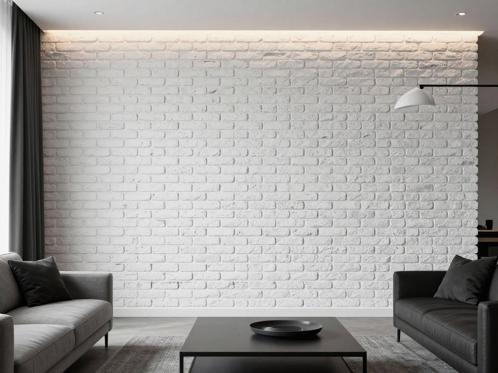 Biała cegła z czarną fugą w nowoczesnym wnętrzu