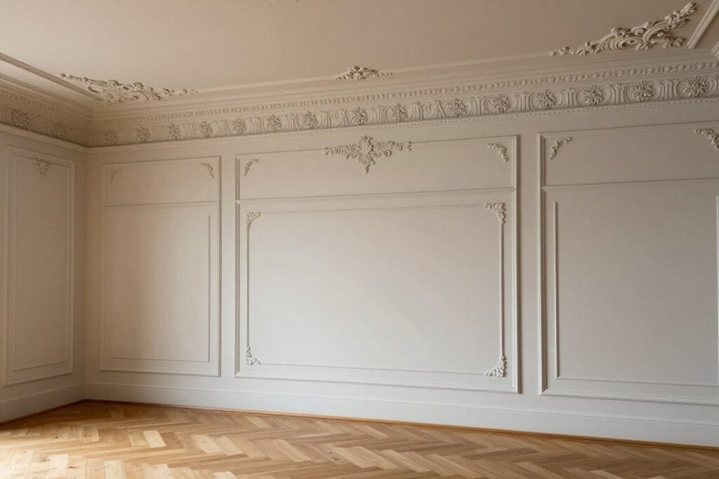 Detale charakterystyczne dla stylu francuskiego - sztukaterie, rozety sufitowe i drewniana podłoga w jodełkę