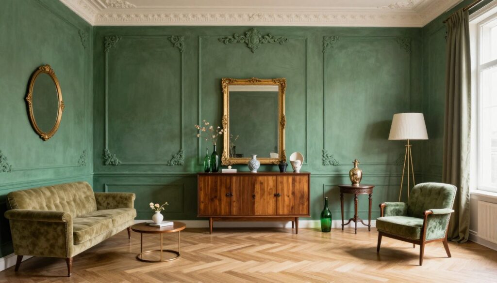 Eklektyczne wnętrze łączące elementy stylu vintage, francuskiego i butelkową zieleń