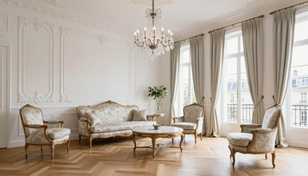 Elegancki salon w stylu francuskim z sztukateriami, kryształowym żyrandolem i meblami w stylu ludwikowskim