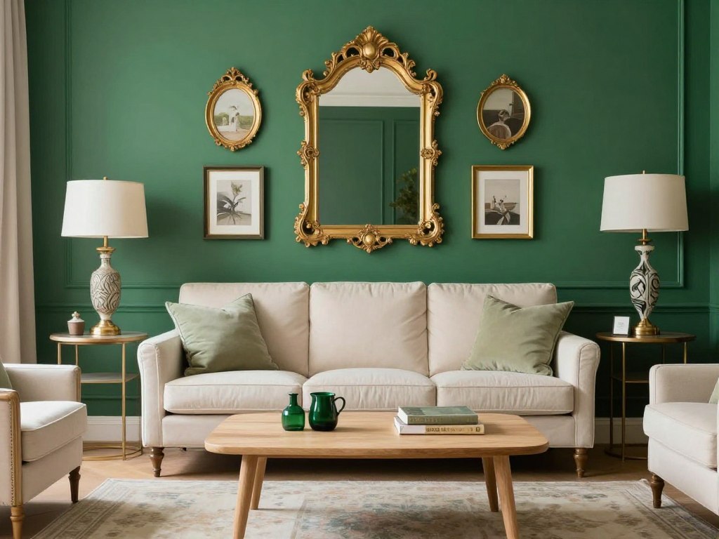 Elegancki salon z butelkową zielenią, złotymi dodatkami i meblami w jasnych kolorach