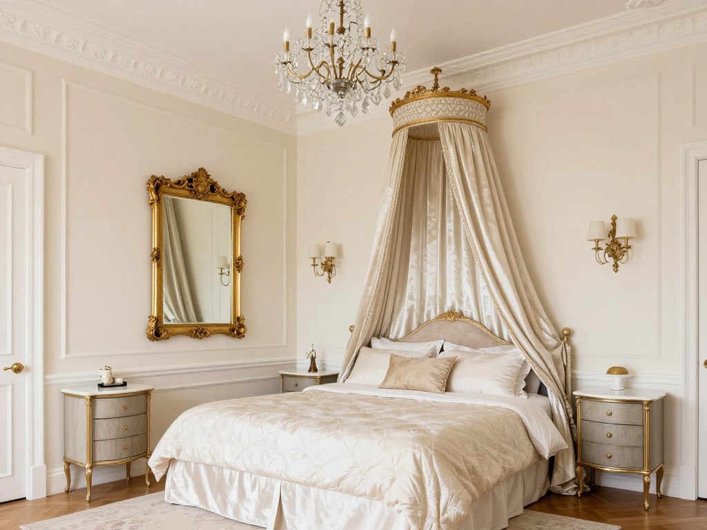 Francuska sypialnia w jasnych kolorach z akcentami złota i eleganckimi tekstyliami