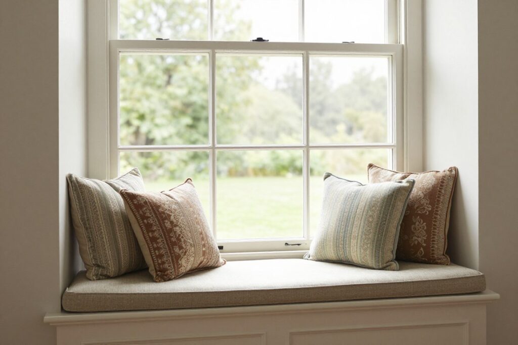Funkcjonalna obudowa okienna z szerokim parapetem tworzącym miejsce do siedzenia z poduszkami
