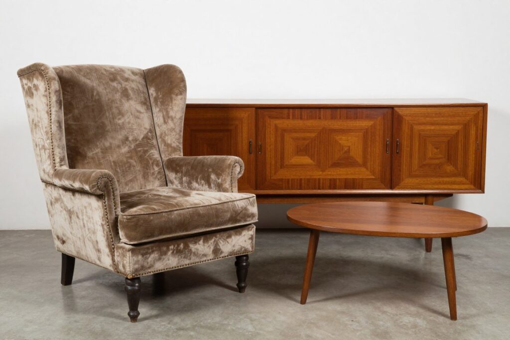 Kolekcja mebli w stylu vintage - fotel uszak, komoda z lat 60-tych i stolik kawowy na cienkich nóżkach