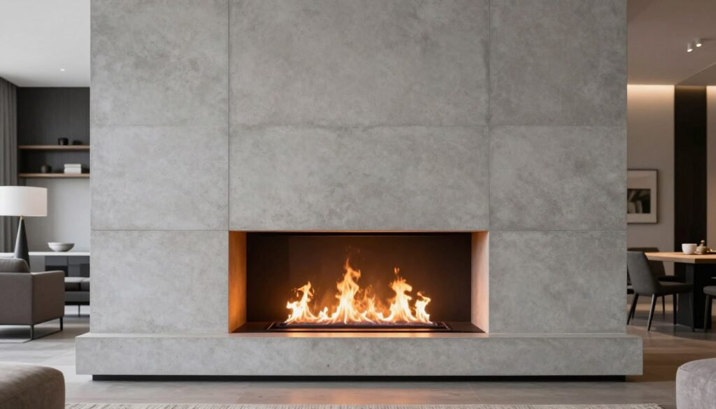 Kominek obudowany płytami z betonu architektonicznego w nowoczesnym wnętrzu