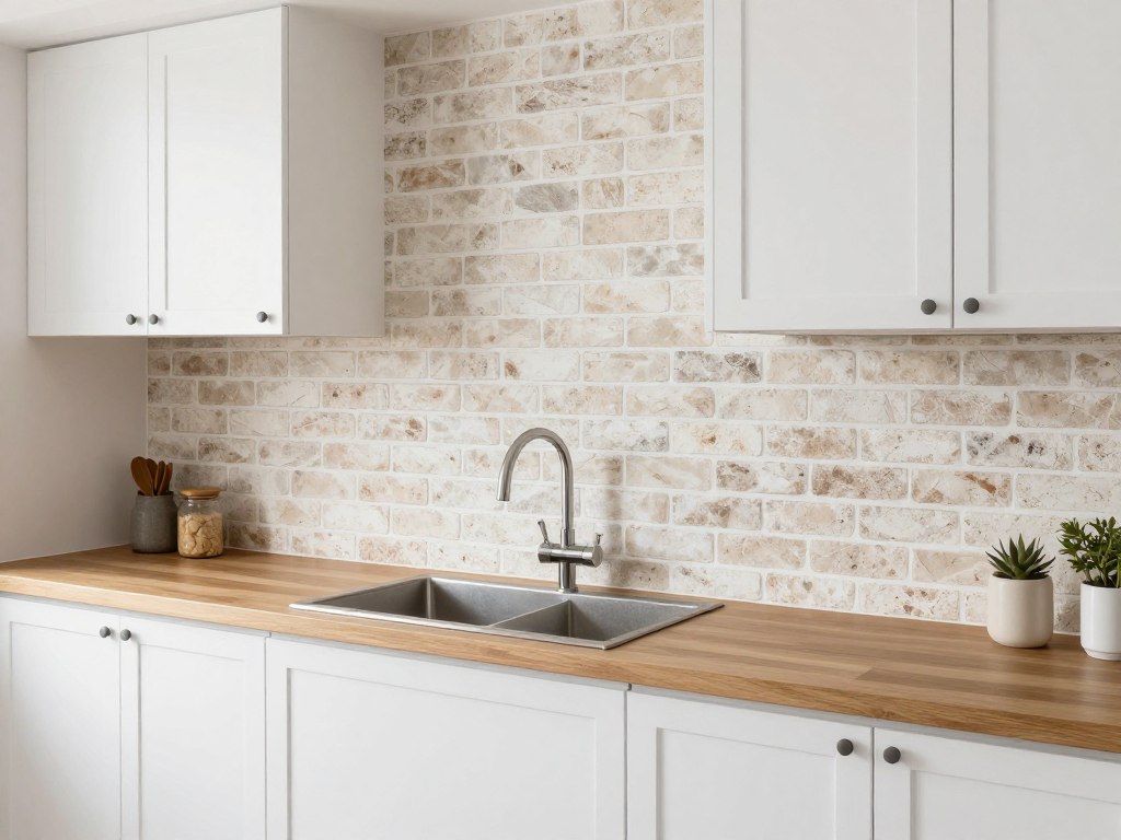 Kuchnia z cegłą dekoracyjną nad blatem