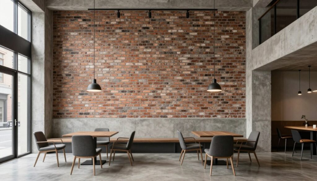 Nowoczesne wnętrze z cegłą dekoracyjną i betonem architektonicznym