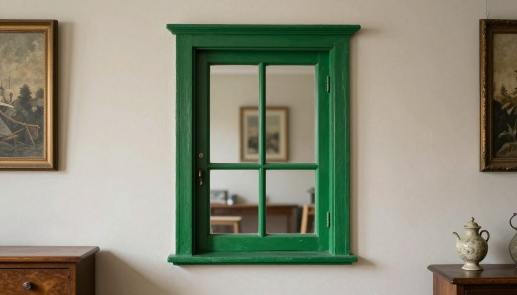 Obudowa okienna w kolorze butelkowej zieleni kontrastująca z jasnymi ścianami w stylu vintage
