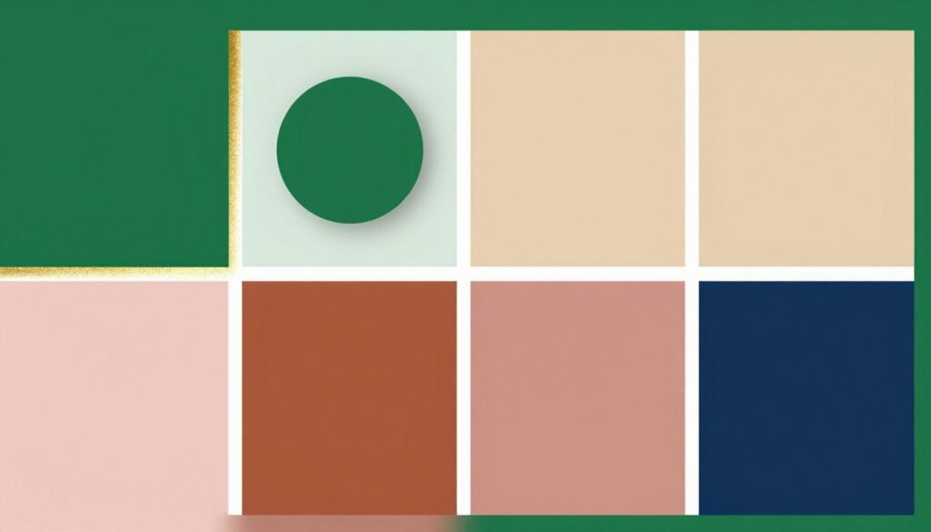 Paleta kolorystyczna pokazująca butelkową zieleń w połączeniu z różnymi kolorami - złotem, bielą, beżem i różem