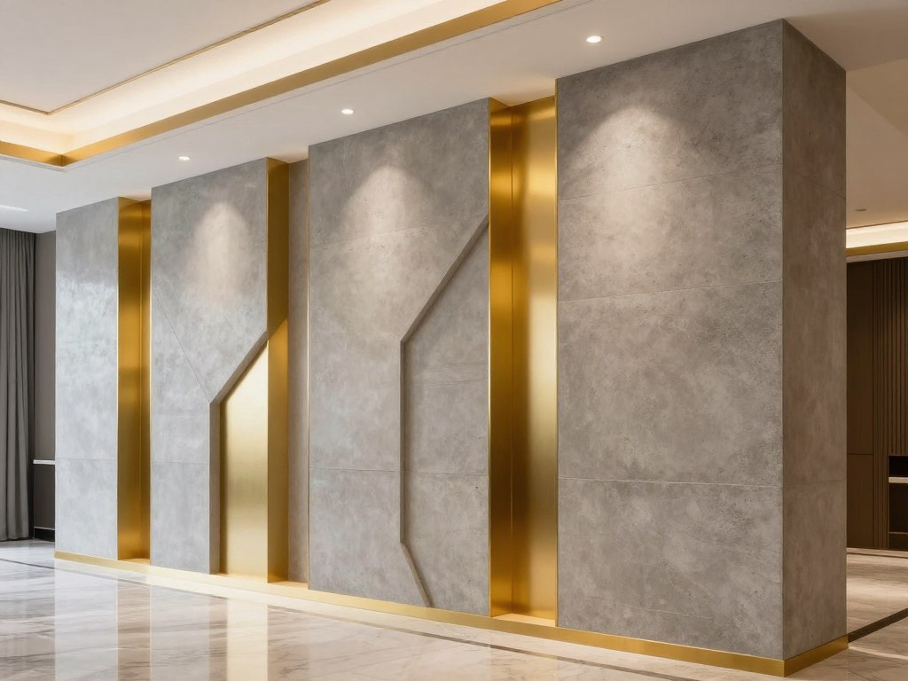 Płyta z betonu architektonicznego ze złotymi akcentami w luksusowym wnętrzu