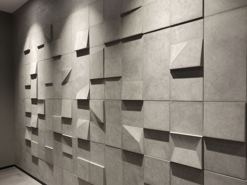 Płyty betonowe 3D z geometrycznym wzorem na ścianie w nowoczesnym wnętrzu