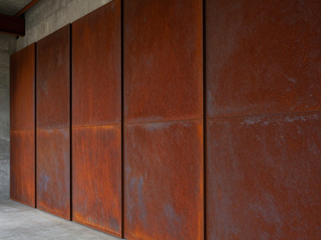 Płyty betonowe z efektem rdzy na ścianie w industrialnym wnętrzu