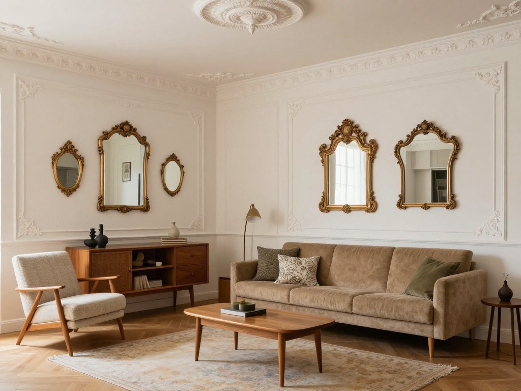 Salon łączący elementy stylu vintage i francuskiego - sztukaterie, meble na nóżkach i dekoracyjne dodatki