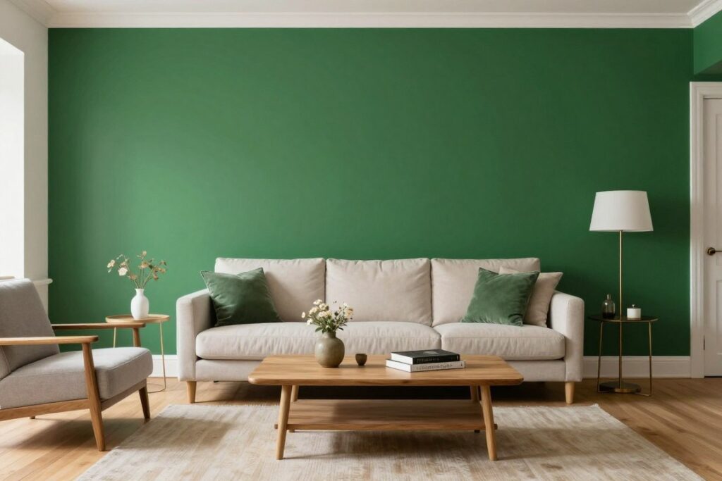 Salon z akcentową ścianą w kolorze butelkowej zieleni, jasnym parkietem i eleganckimi meblami