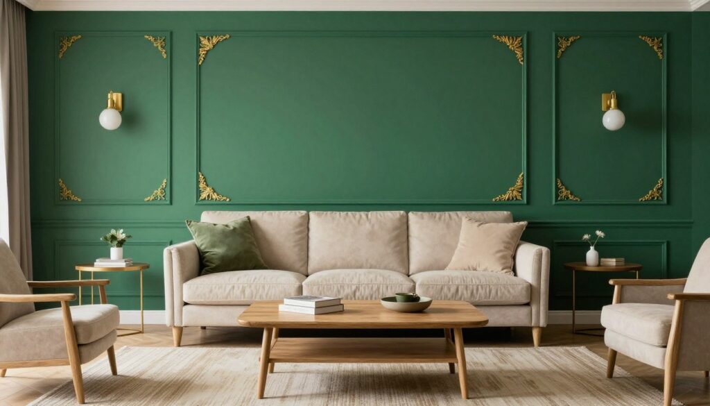 Salon z butelkową zielenią na ścianach, złotymi dodatkami i eleganckimi meblami