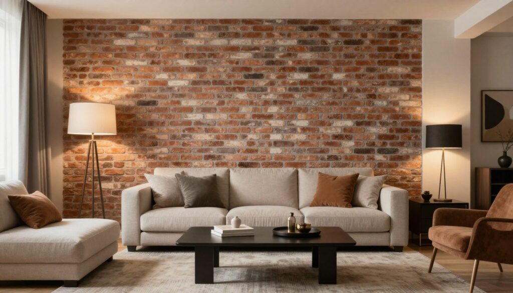 Salon z cegłą dekoracyjną na ścianie