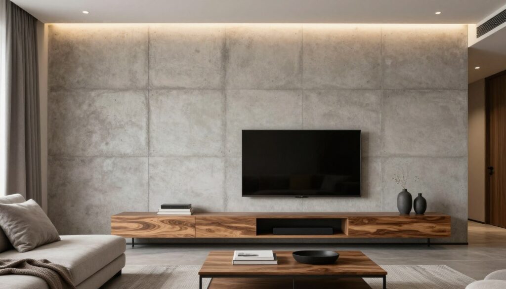 Ściana z betonu architektonicznego w nowoczesnym salonie z drewnianymi meblami