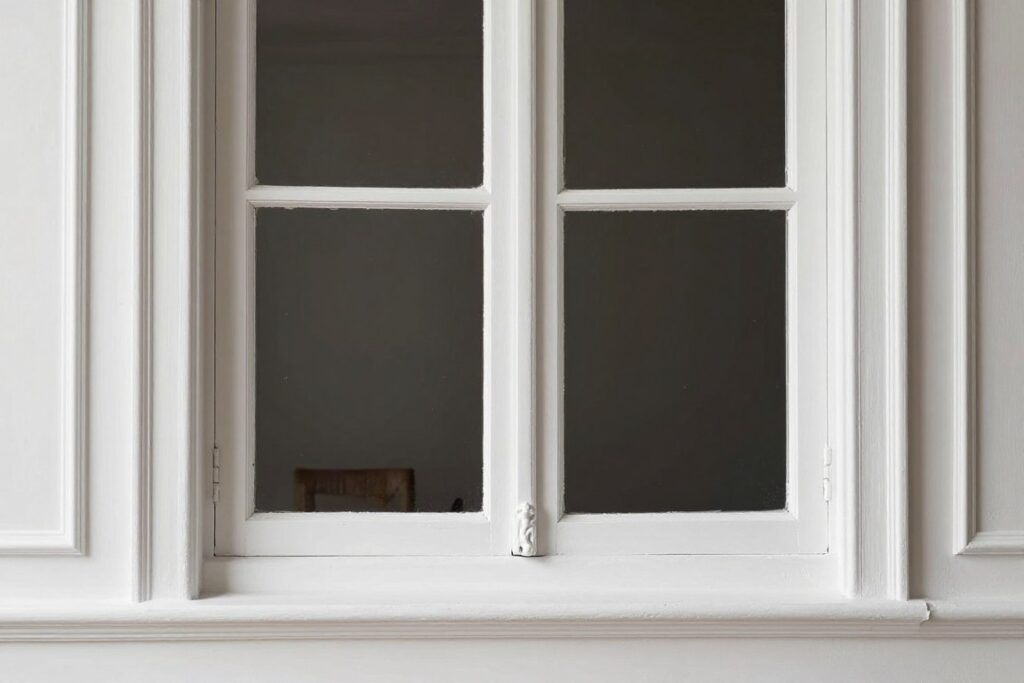 Stylowa obudowa okna wewnętrznego w stylu francuskim z ozdobnymi detalami