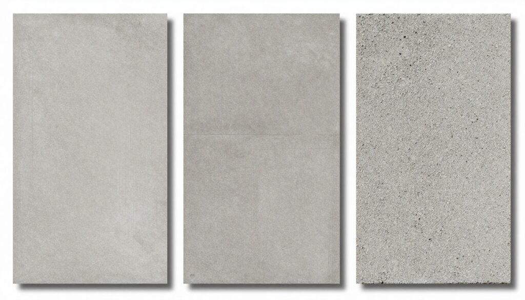 Trzy rodzaje płyt betonowych o różnej strukturze powierzchni: gładka, średnio porowata i mocno porowata
