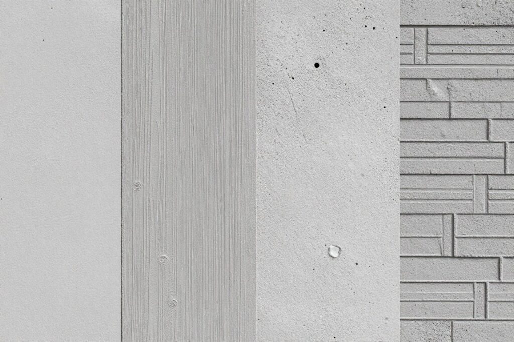 Różne faktury tynku imitującego beton - gładki, z wżerami, deskowanie