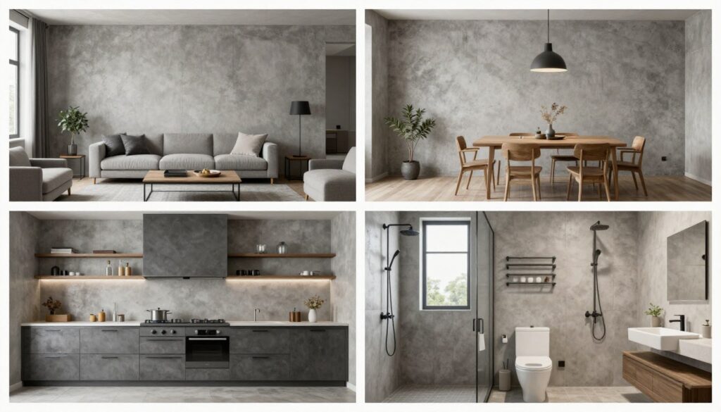 Różne pomieszczenia z imitacją betonu na ścianach - salon, kuchnia, łazienka