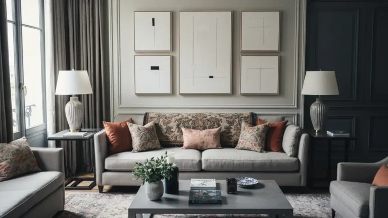 Obrazy nad kanapą w salonie francuskim - proporcje, kolor i funkcja - hero image
