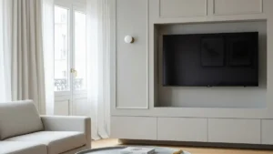 Ściana TV w salonie francuskim - proporcje, kolor i funkcja - hero image