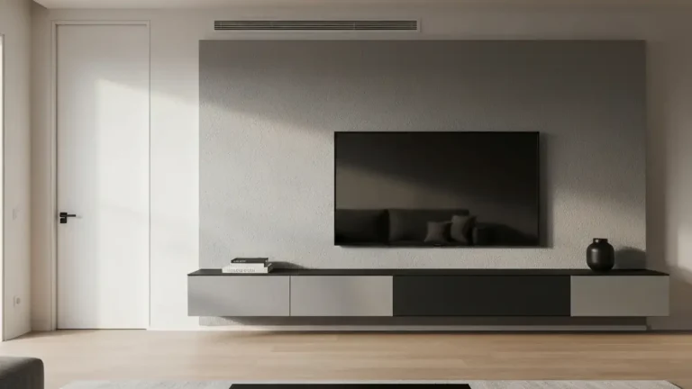 Ściana TV w salonie - lamele, beton, szafki i światło - hero image