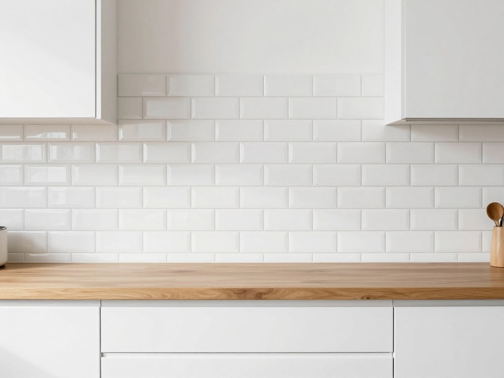 Płytki ścienne metro w białej kuchni ułożone w klasyczny wzór cegiełki