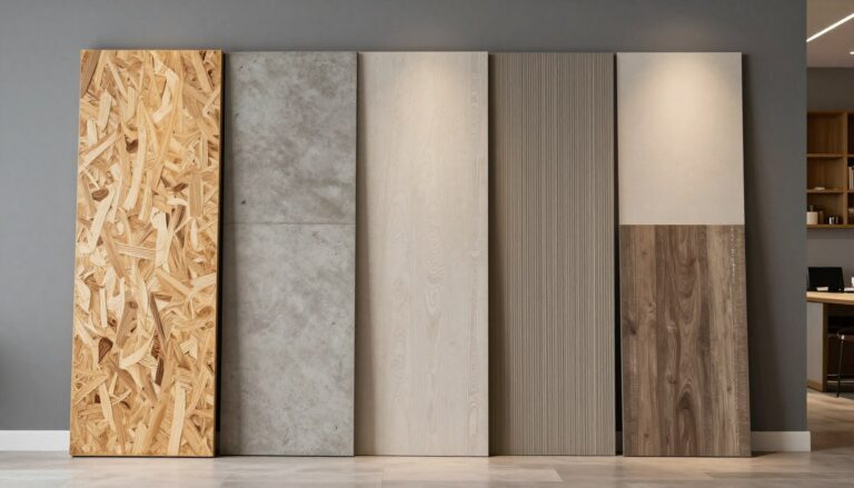 Różne rodzaje lameli ściennych MDF i betonowych w nowoczesnym wnętrzu