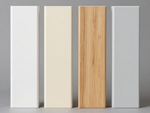 Różne rodzaje listew przypodłogowych: MDF, polimerowe, drewniane i PCV ułożone obok siebie