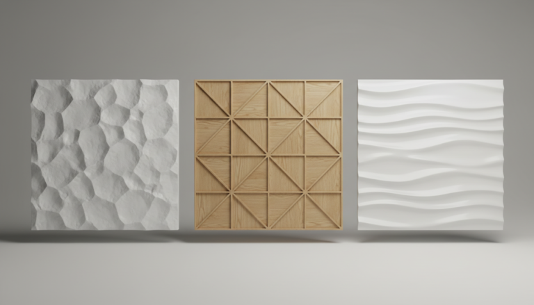 Różne rodzaje paneli ściennych 3D - gipsowe, MDF i piankowe ułożone obok siebie