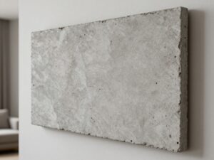 Płyta z betonu architektonicznego o porowatej strukturze na ścianie w nowoczesnym salonie