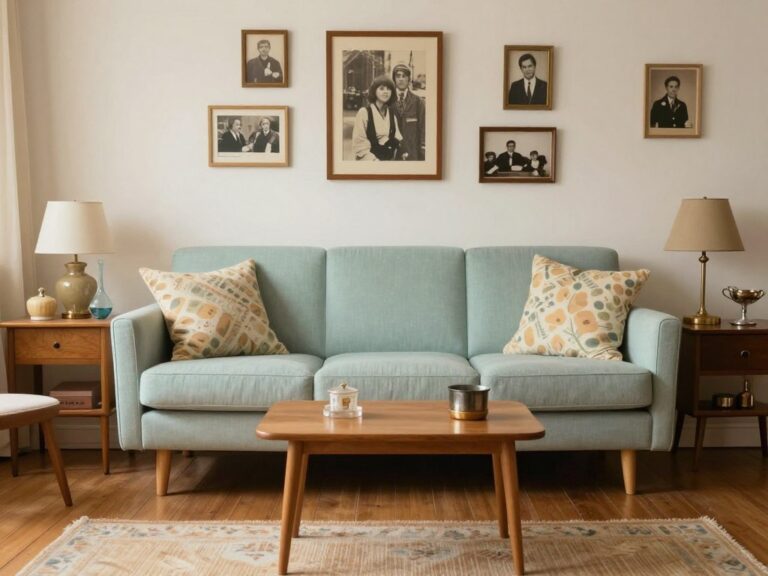 Salon w stylu vintage z meblami z lat 60-tych, pastelowymi kolorami i dekoracyjnymi bibelotami