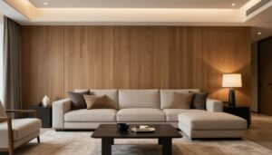 Elegancki salon z panelami drewnianymi na ścianie akcentowej za kanapą
