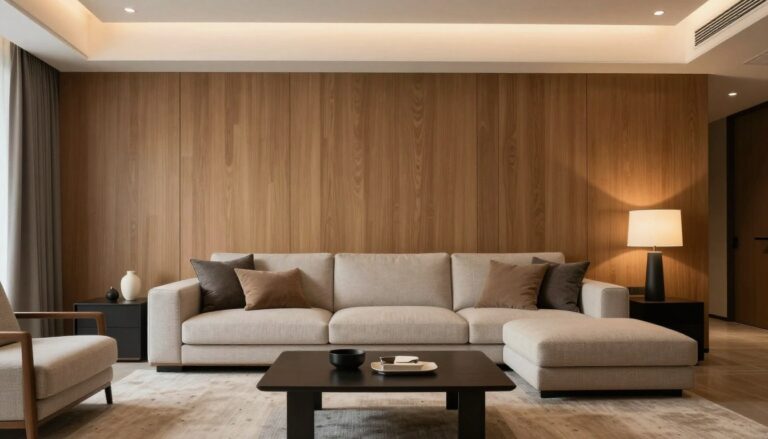 Elegancki salon z panelami drewnianymi na ścianie akcentowej za kanapą