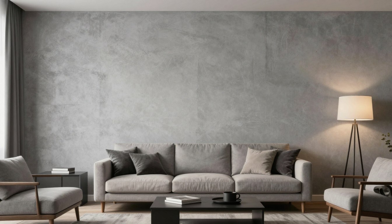 Nowoczesne wnętrze z imitacją betonu na ścianie w salonie
