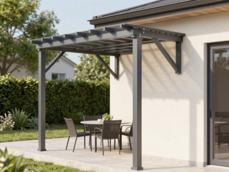 Pergola tarasowa przyścienna aluminiowa zamontowana przy domu jednorodzinnym