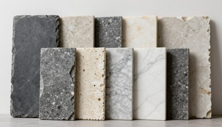 Różne rodzaje kamienia dekoracyjnego wewnętrznego ułożone obok siebie