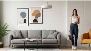 Obrazy nad kanapą w salonie glamour - proporcje, kolor i funkcja - hero image