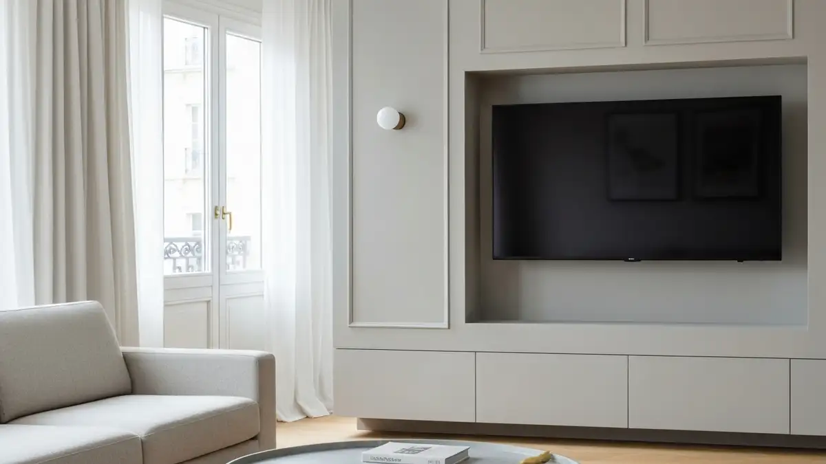 Ściana TV w salonie francuskim - proporcje, kolor i funkcja - hero image