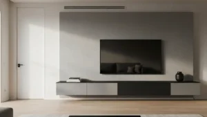 Ściana TV w salonie - lamele, beton, szafki i światło - hero image