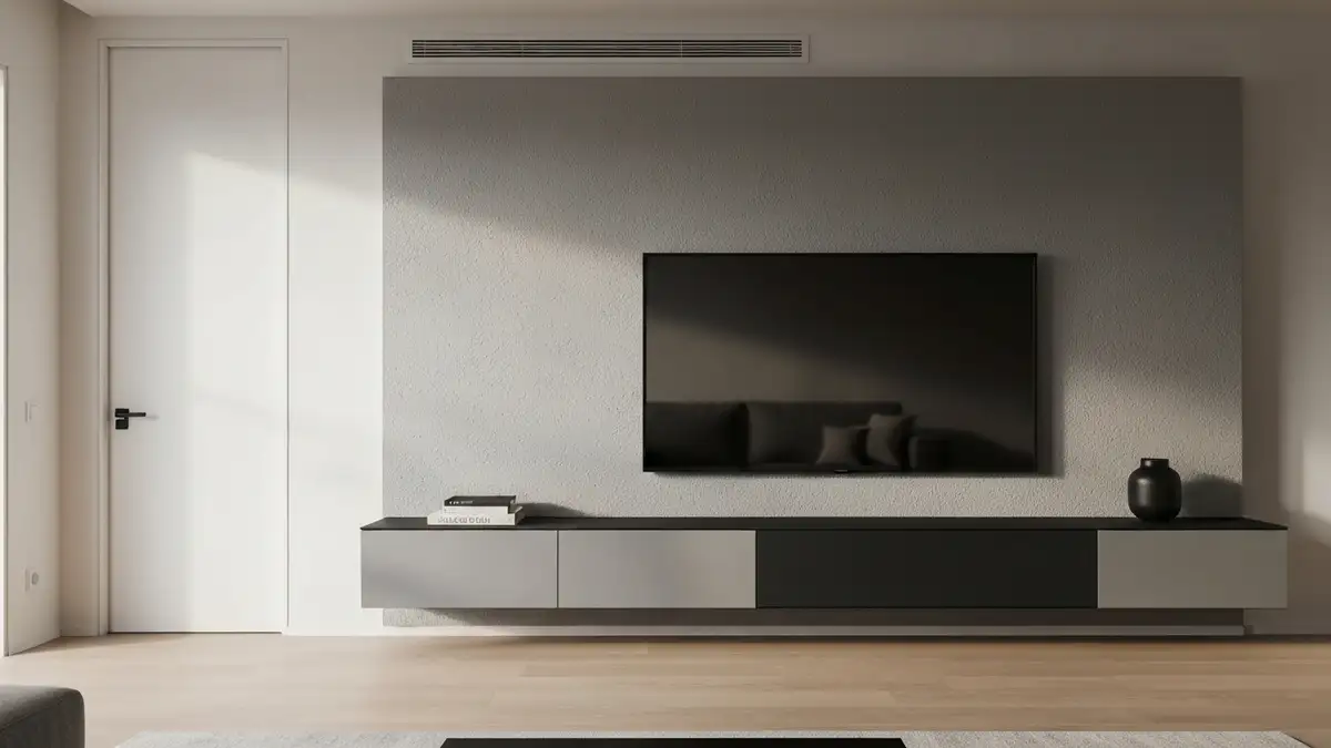 Ściana TV w salonie - lamele, beton, szafki i światło - hero image